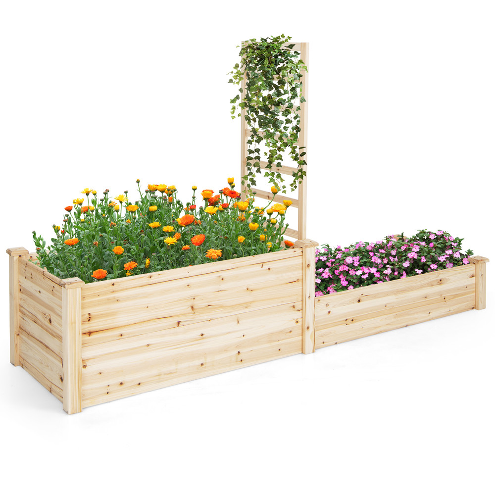Raised Garden Bed with Trellis Planter Box, 2-Tier Wooden Elevated Garden Box for Vegetables, Herbs & Climbing Plants