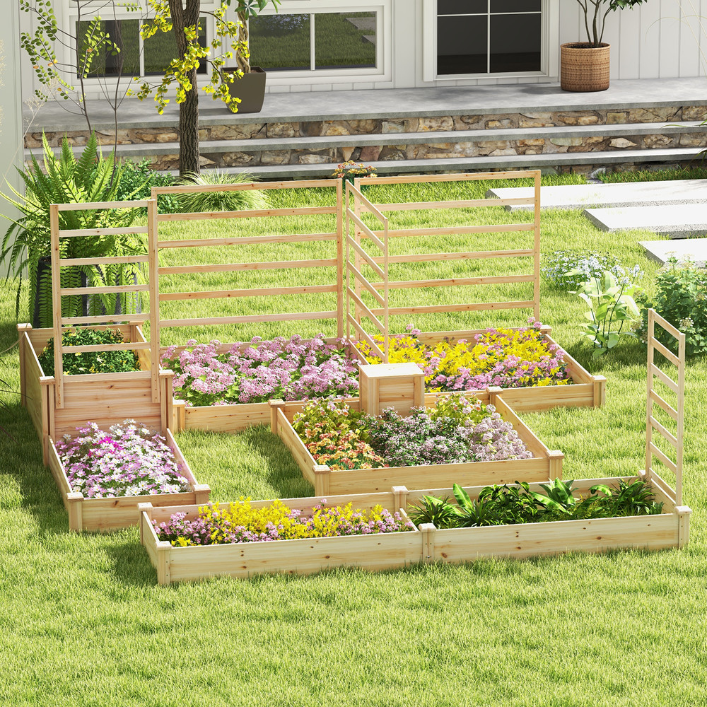 Raised Garden Bed with Compost Bin, Open-Bottom Wood Planter Box for Vegetables, Herbs, and Flowers, Natural Fir Outdoor