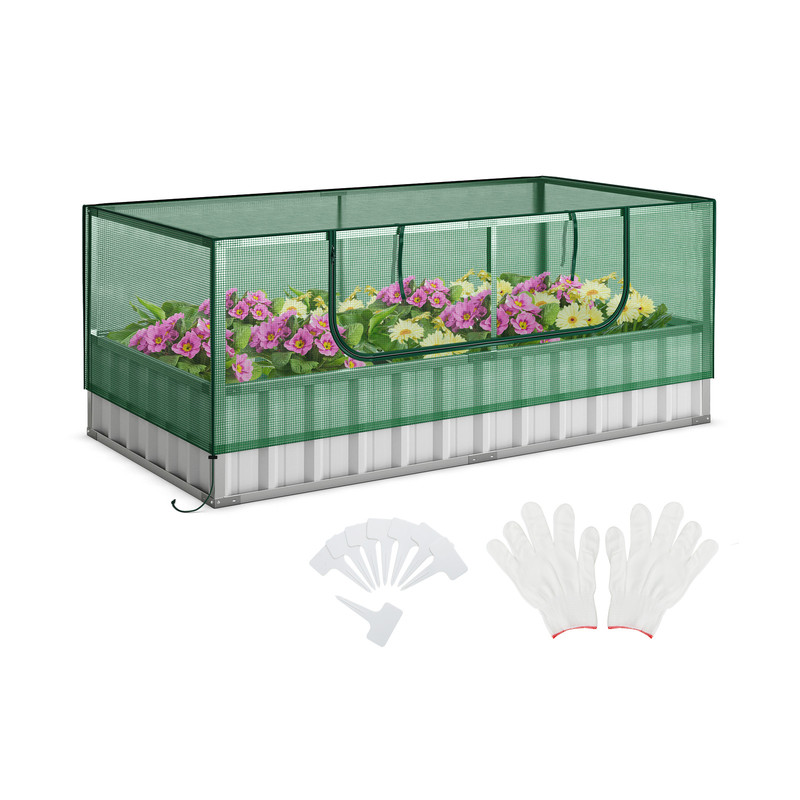 Galvanized Raised Garden Bed with Greenhouse Cover, Outdoor Metal Planter Box with PE Cover, Vegetable Flower Herb Grow