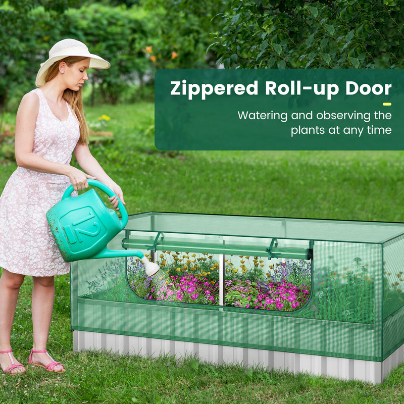 Galvanized Raised Garden Bed with Greenhouse Cover, Outdoor Metal Planter Box with PE Cover, Vegetable Flower Herb Grow
