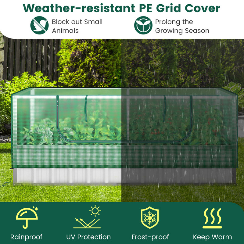 Galvanized Raised Garden Bed with Greenhouse Cover, Outdoor Metal Planter Box with PE Cover, Vegetable Flower Herb Grow