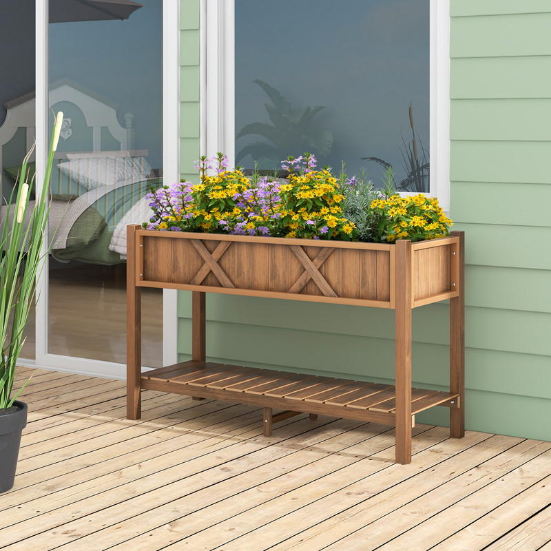 Poly Wood Elevated Planter Box with Legs, Storage Shelf & 16 Drainage Holes – Outdoor Raised Garden Bed for Vegetables