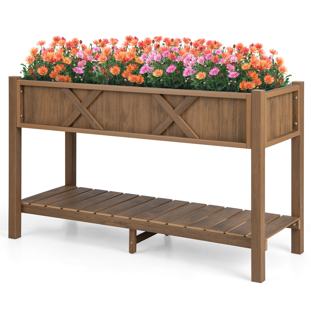 Poly Wood Elevated Planter Box with Legs, Storage Shelf & 16 Drainage Holes – Outdoor Raised Garden Bed for Vegetables