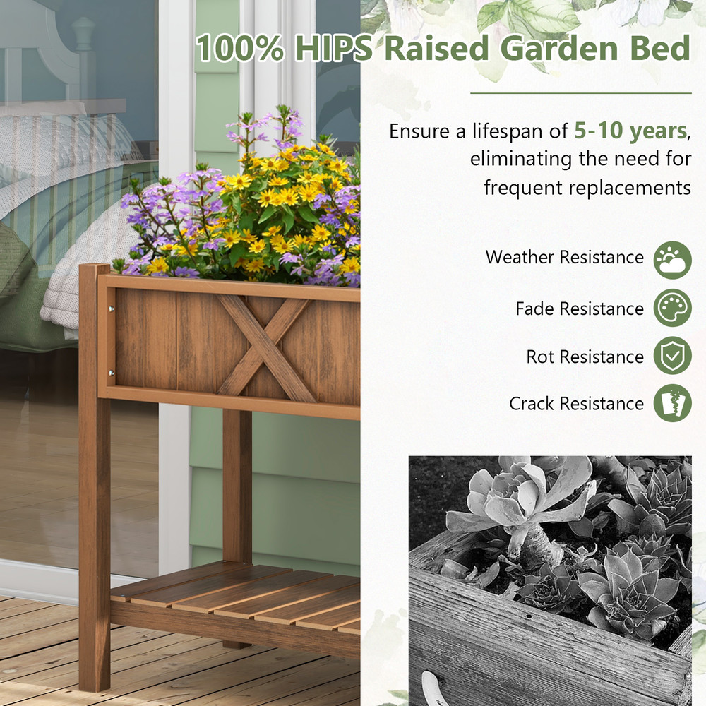 Poly Wood Elevated Planter Box with Legs, Storage Shelf & 16 Drainage Holes – Outdoor Raised Garden Bed for Vegetables