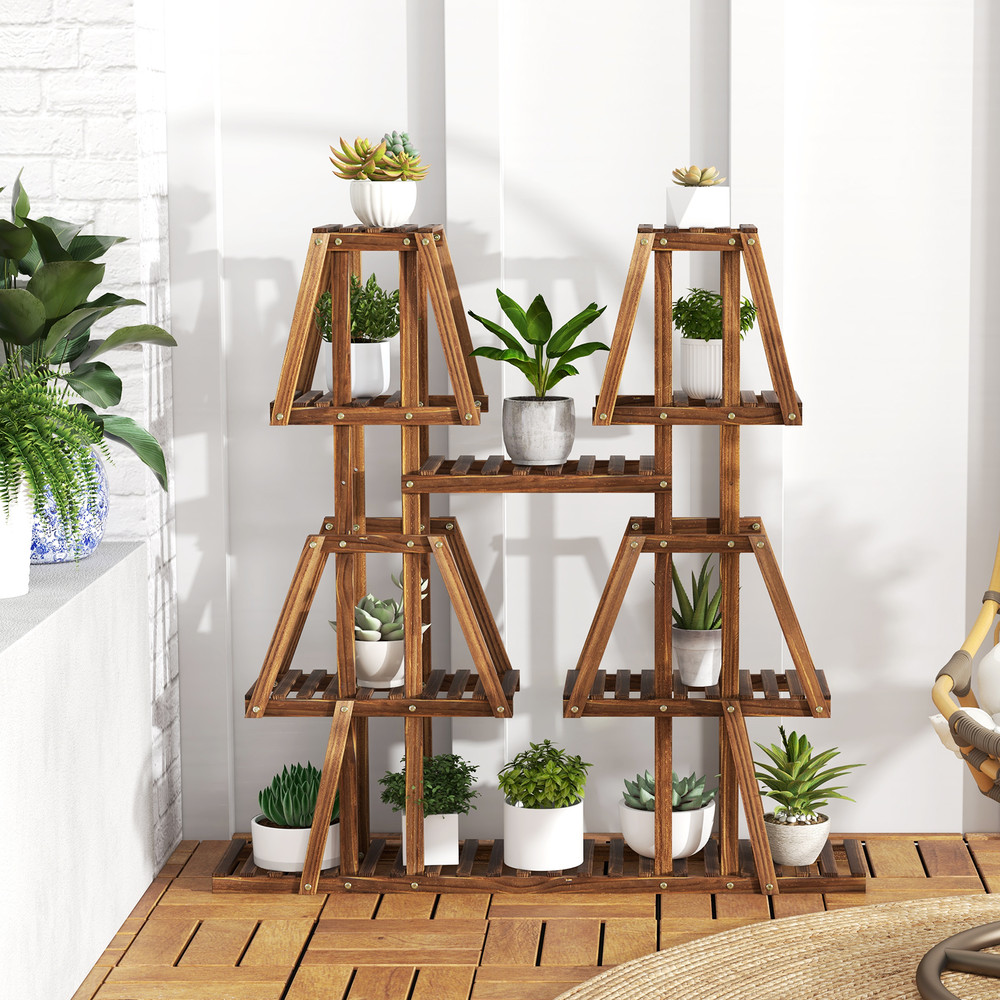 5-Tier Wood Plant Stand with Potted Shelves, Carbonized Pine Indoor Outdoor Multi-Tier Display Shelf for Multiple Plant