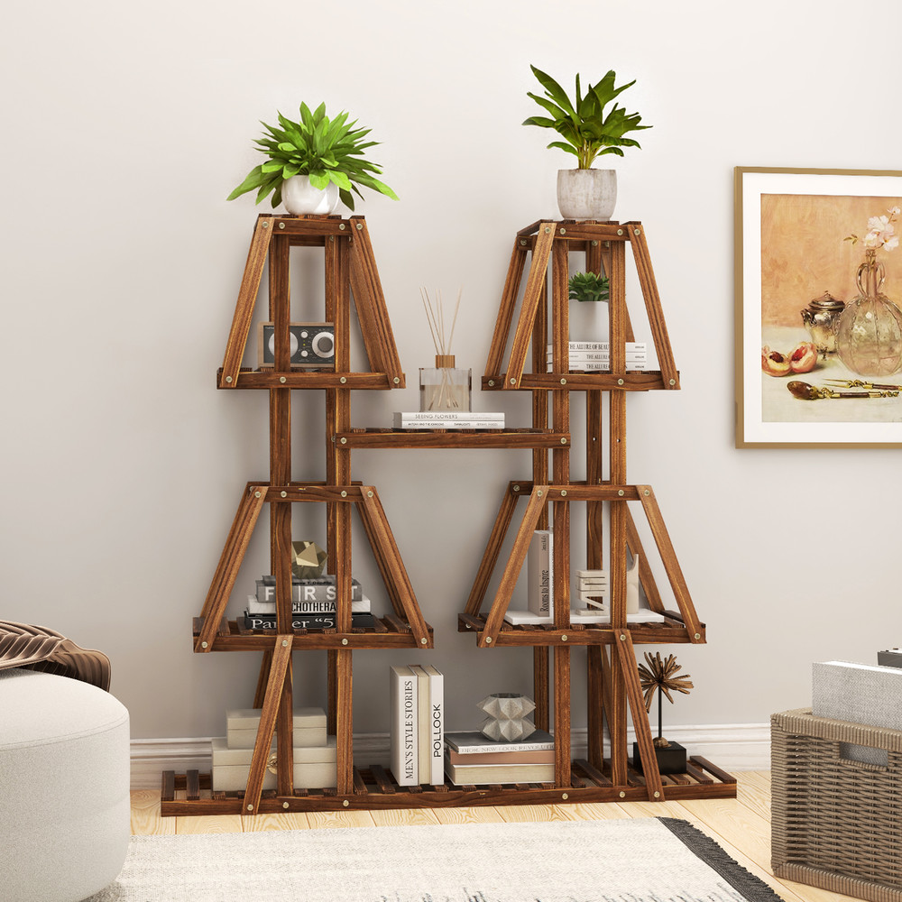 5-Tier Wood Plant Stand with Potted Shelves, Carbonized Pine Indoor Outdoor Multi-Tier Display Shelf for Multiple Plant