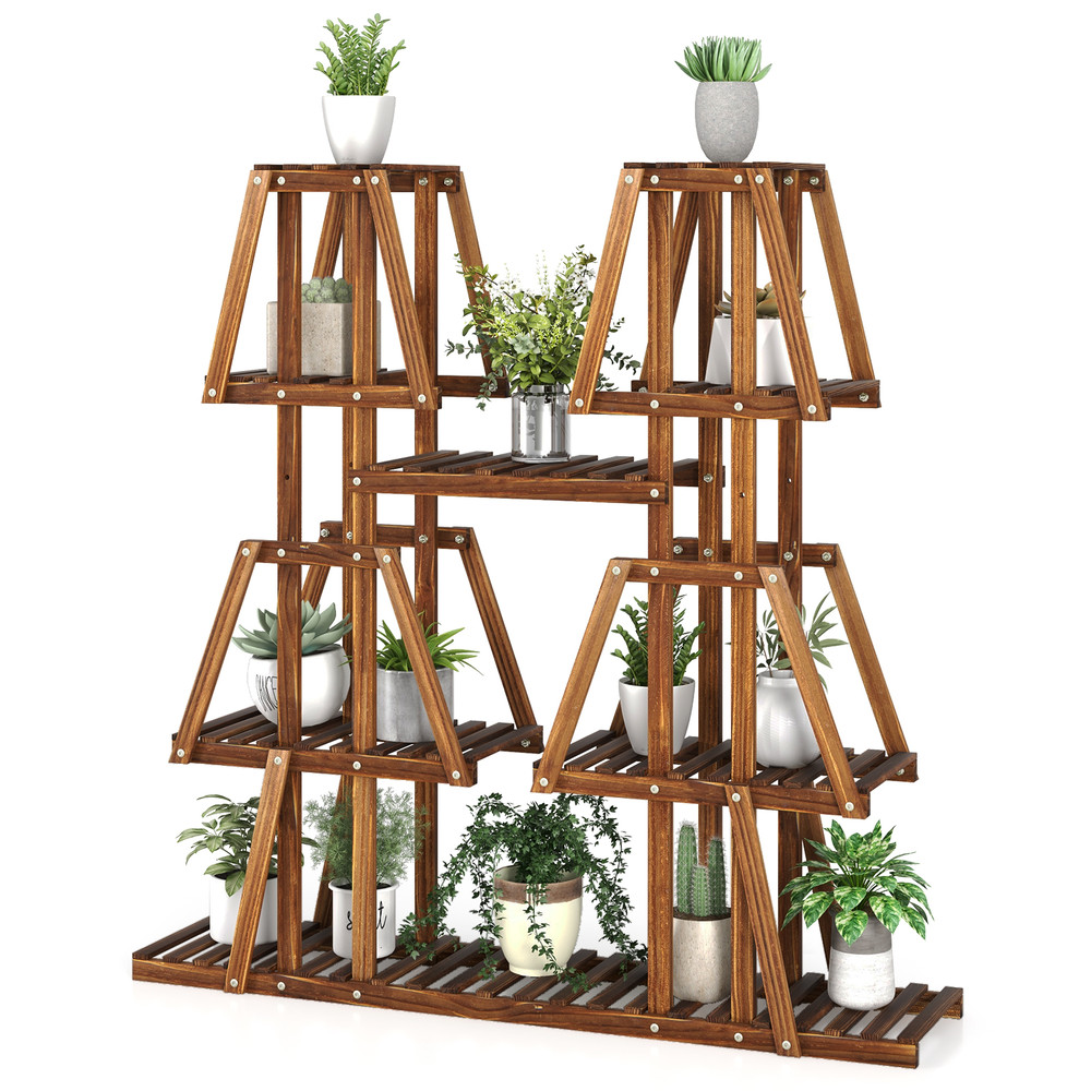 5-Tier Wood Plant Stand with Potted Shelves, Carbonized Pine Indoor Outdoor Multi-Tier Display Shelf for Multiple Plant