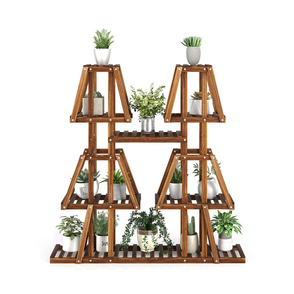 5-Tier Wood Plant Stand with Potted Shelves, Carbonized Pine Indoor Outdoor Multi-Tier Display Shelf for Multiple Plant