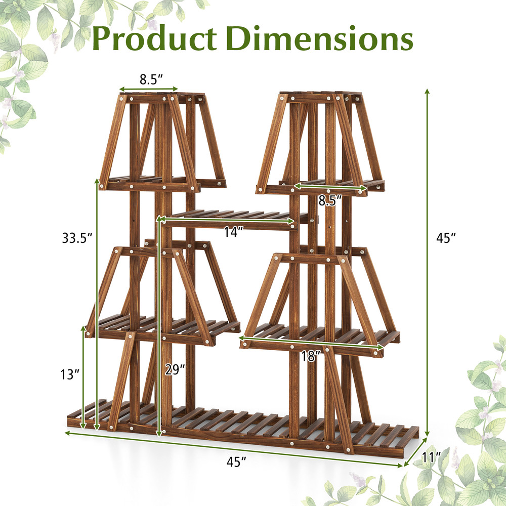 5-Tier Wood Plant Stand with Potted Shelves, Carbonized Pine Indoor Outdoor Multi-Tier Display Shelf for Multiple Plant
