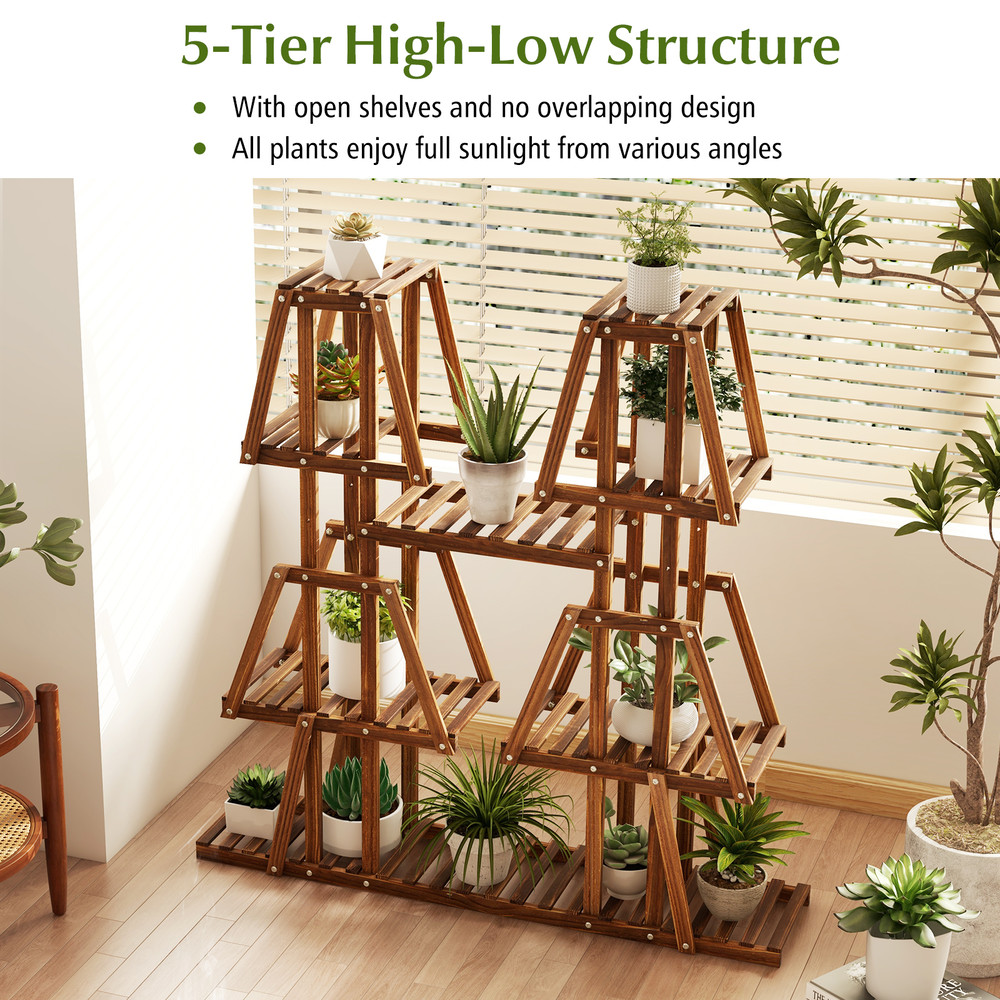 5-Tier Wood Plant Stand with Potted Shelves, Carbonized Pine Indoor Outdoor Multi-Tier Display Shelf for Multiple Plant