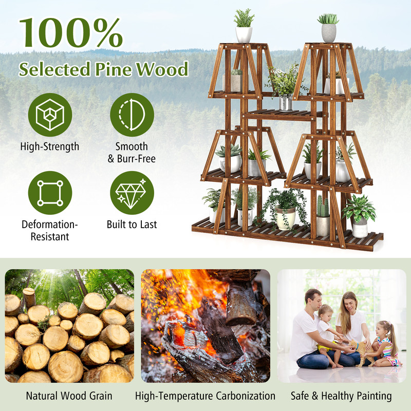 5-Tier Wood Plant Stand with Potted Shelves, Carbonized Pine Indoor Outdoor Multi-Tier Display Shelf for Multiple Plant