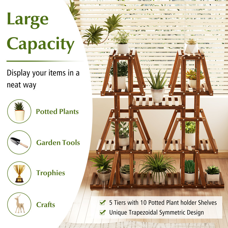5-Tier Wood Plant Stand with Potted Shelves, Carbonized Pine Indoor Outdoor Multi-Tier Display Shelf for Multiple Plant
