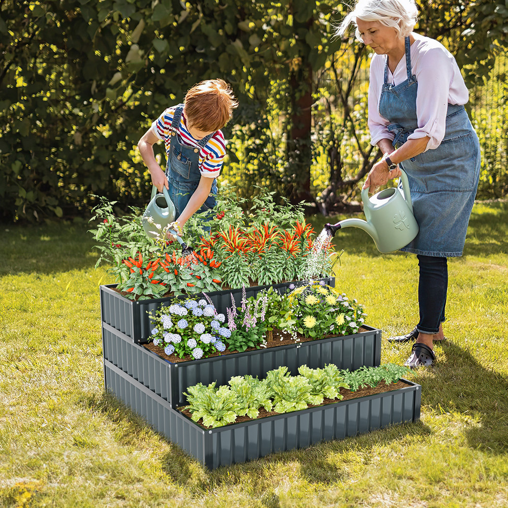 Heavy-Duty Metal Outdoor 3-Tier Raised Garden Bed Planter Box, Stackable Flower Herb Growing Container for Patio Yard