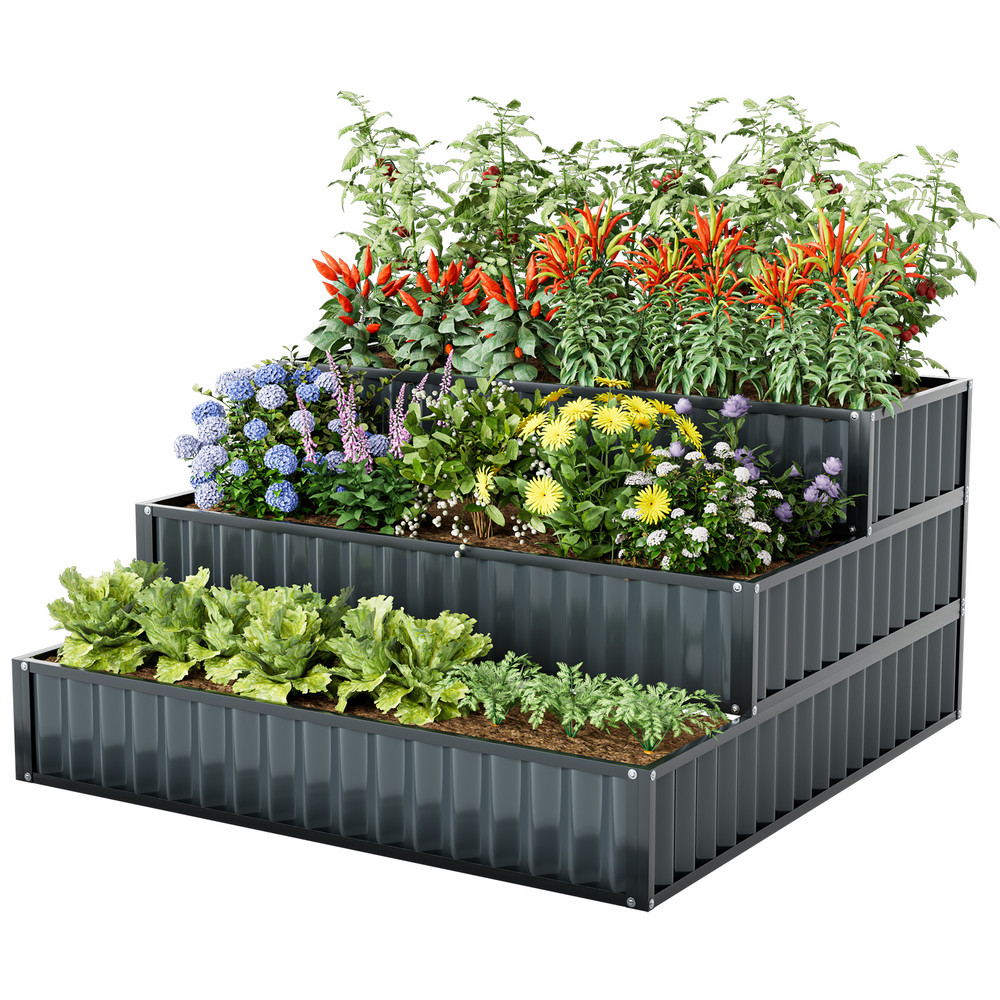 Heavy-Duty Metal Outdoor 3-Tier Raised Garden Bed Planter Box, Stackable Flower Herb Growing Container for Patio Yard