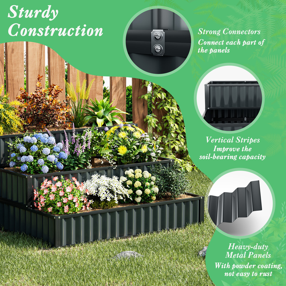 Heavy-Duty Metal Outdoor 3-Tier Raised Garden Bed Planter Box, Stackable Flower Herb Growing Container for Patio Yard