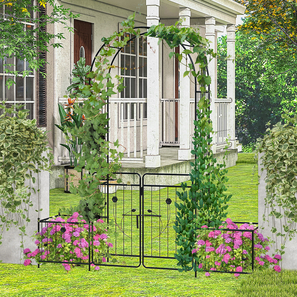 87 Inches Garden Arbor with Lockable Gate & Side Planters, Outdoor Metal Arch Trellis for Climbing Plants, Weddings