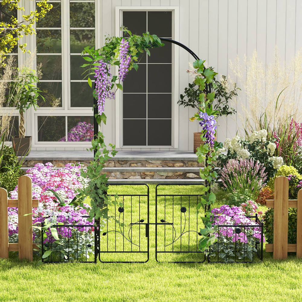87 Inches Garden Arbor with Lockable Gate & Side Planters, Outdoor Metal Arch Trellis for Climbing Plants, Weddings