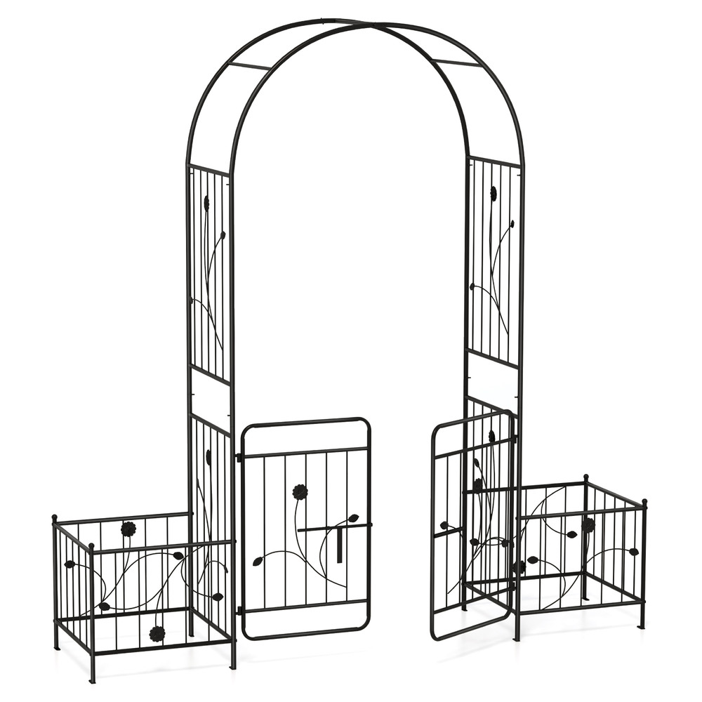 87 Inches Garden Arbor with Lockable Gate & Side Planters, Outdoor Metal Arch Trellis for Climbing Plants, Weddings