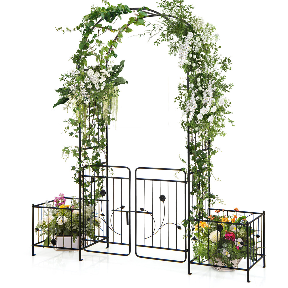 87 Inches Garden Arbor with Lockable Gate & Side Planters, Outdoor Metal Arch Trellis for Climbing Plants, Weddings