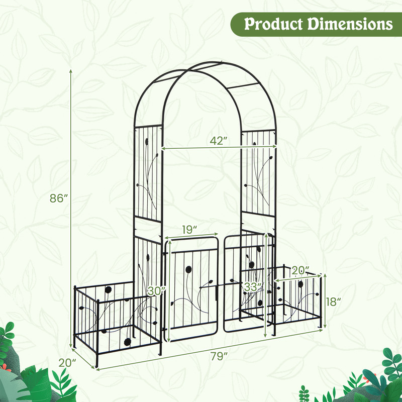 87 Inches Garden Arbor with Lockable Gate & Side Planters, Outdoor Metal Arch Trellis for Climbing Plants, Weddings