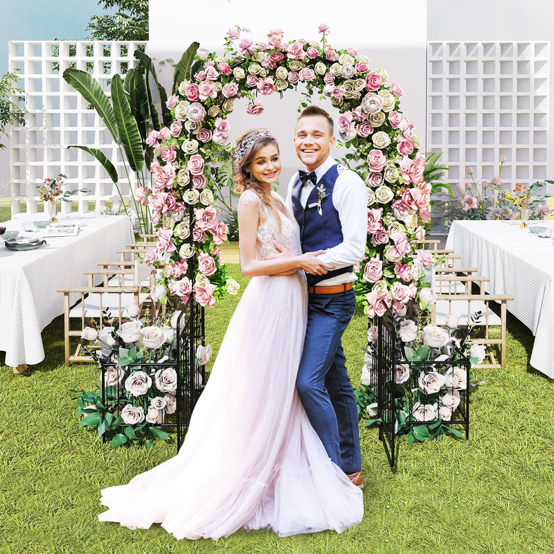 87 Inches Garden Arbor with Lockable Gate & Side Planters, Outdoor Metal Arch Trellis for Climbing Plants, Weddings