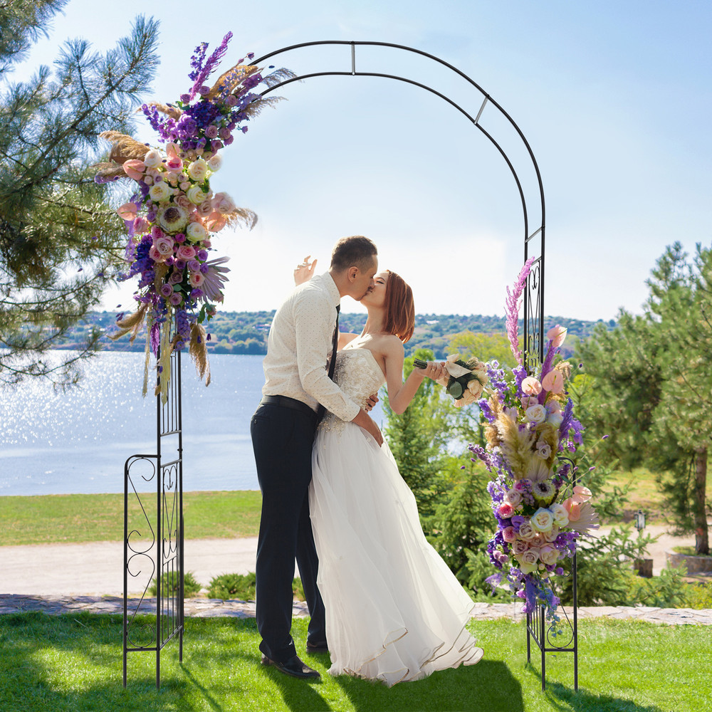 7.9 Feet Metal Garden Arch Backdrop Stand with Fence for Climbing Plants, Wedding Trellis for Outdoor Decor, Parties