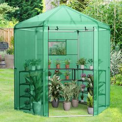 walk-in hexagonal greenhouse with pe cover & metal frame, outdoor plant shelter for winter, uv protection