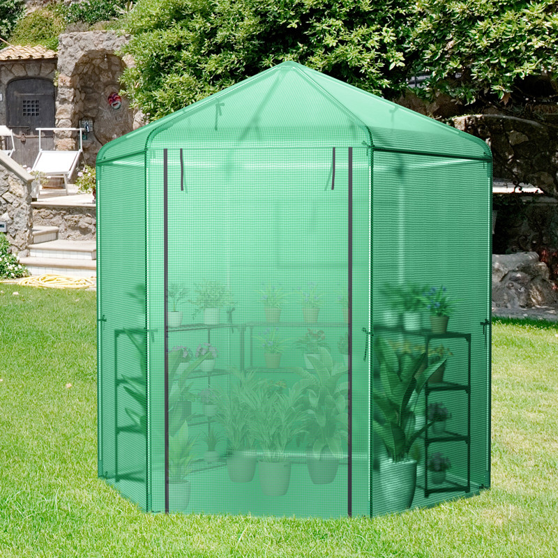 Walk-In Hexagonal Greenhouse with PE Cover & Metal Frame, Outdoor Plant Shelter for Winter, UV Protection