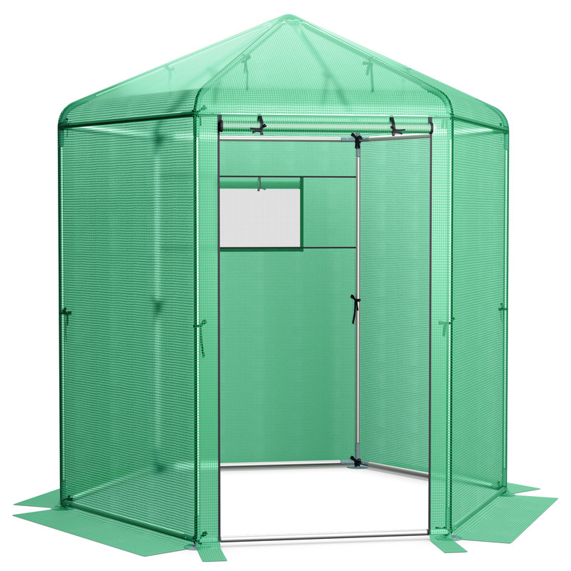 Walk-In Hexagonal Greenhouse with PE Cover & Metal Frame, Outdoor Plant Shelter for Winter, UV Protection