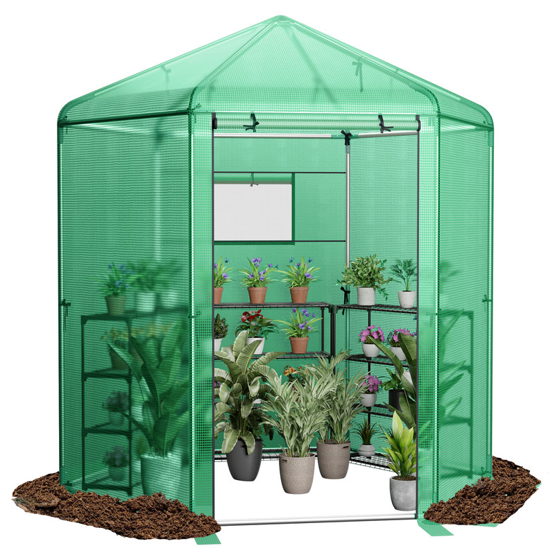 Walk-In Hexagonal Greenhouse with PE Cover & Metal Frame, Outdoor Plant Shelter for Winter, UV Protection