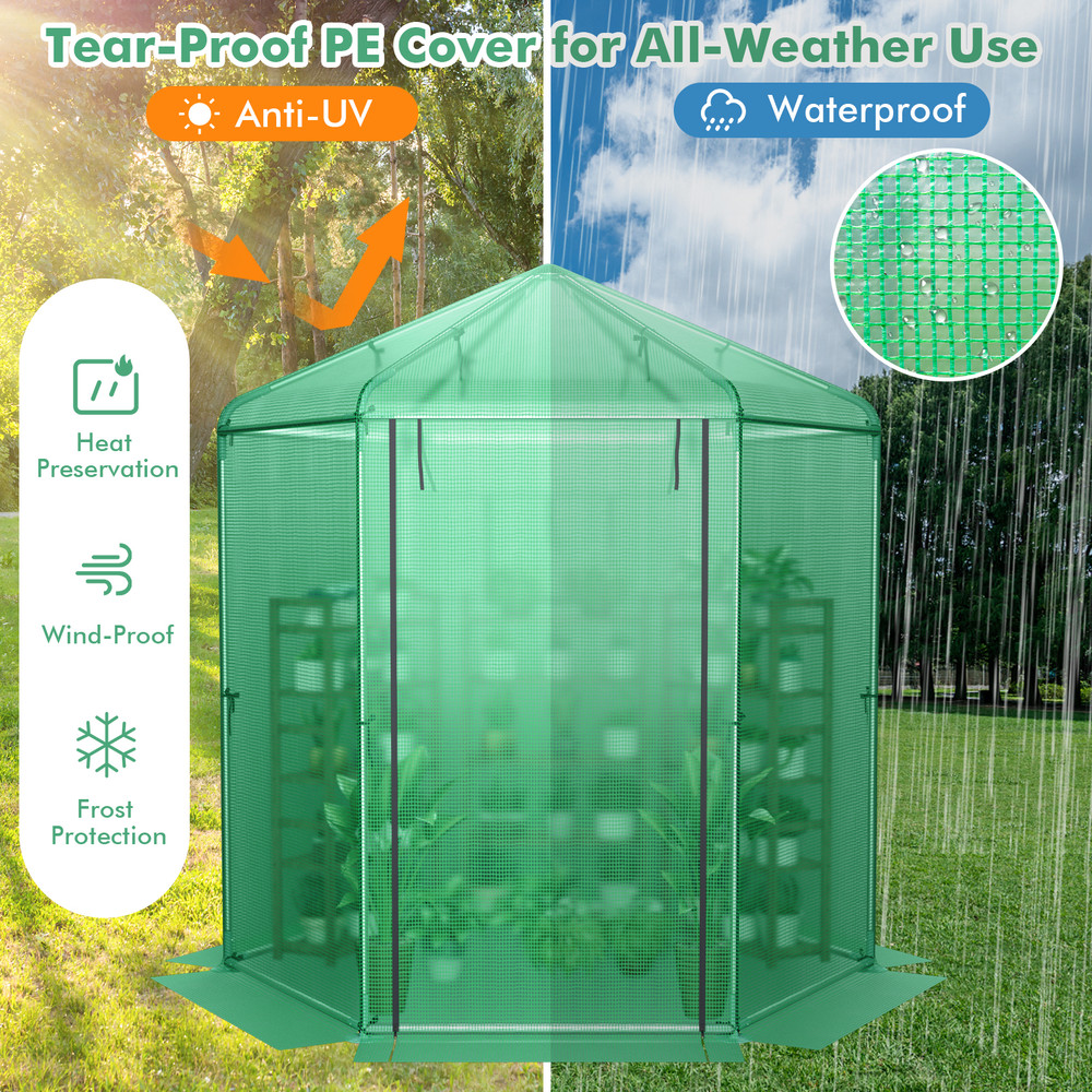 Walk-In Hexagonal Greenhouse with PE Cover & Metal Frame, Outdoor Plant Shelter for Winter, UV Protection