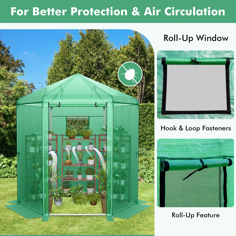 Walk-In Hexagonal Greenhouse with PE Cover & Metal Frame, Outdoor Plant Shelter for Winter, UV Protection