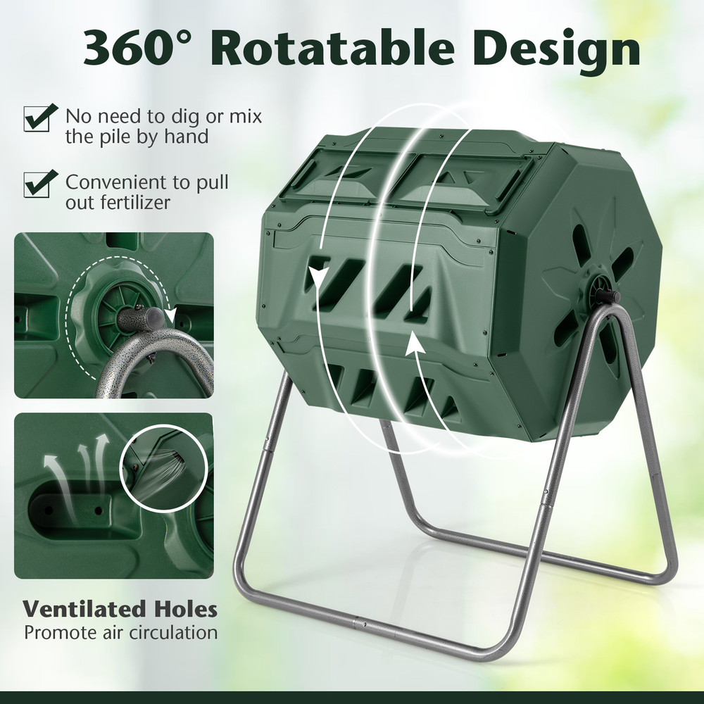 360° Rotatable Tumbling Composter with 2 Sliding Doors, Dual Chamber Outdoor Compost Bin, 43 Gallon Garden Waste Tumbler