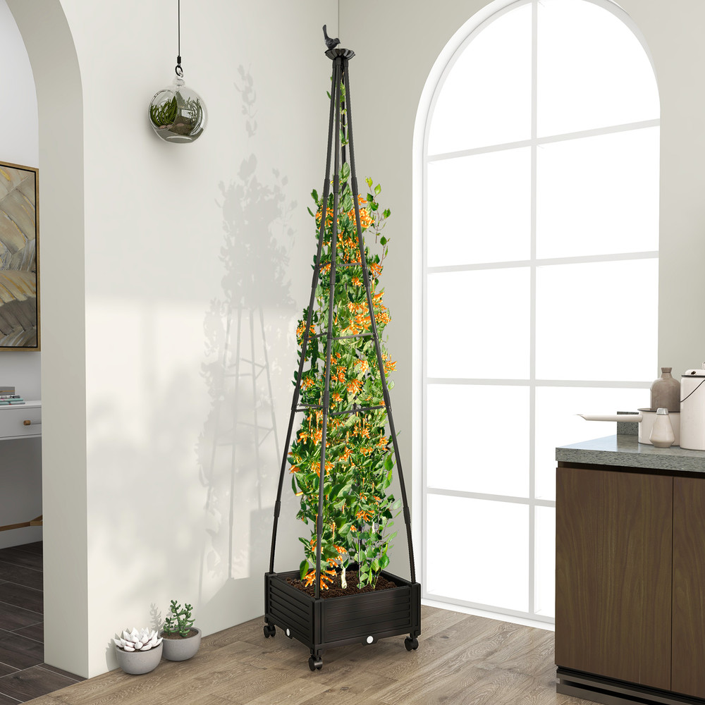 Raised Garden Obelisk Trellis Planter with Drainage & Wheels, Vertical Tower for Climbing Plants, Vines and Garden Decor