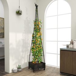 raised garden obelisk trellis planter with drainage & wheels, vertical tower for climbing plants, vines and garden decor