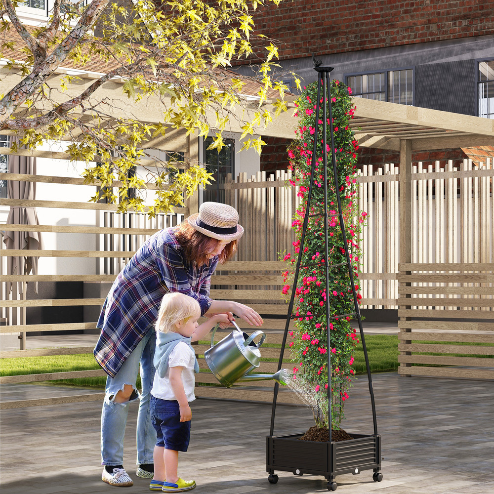 Raised Garden Obelisk Trellis Planter with Drainage & Wheels, Vertical Tower for Climbing Plants, Vines and Garden Decor