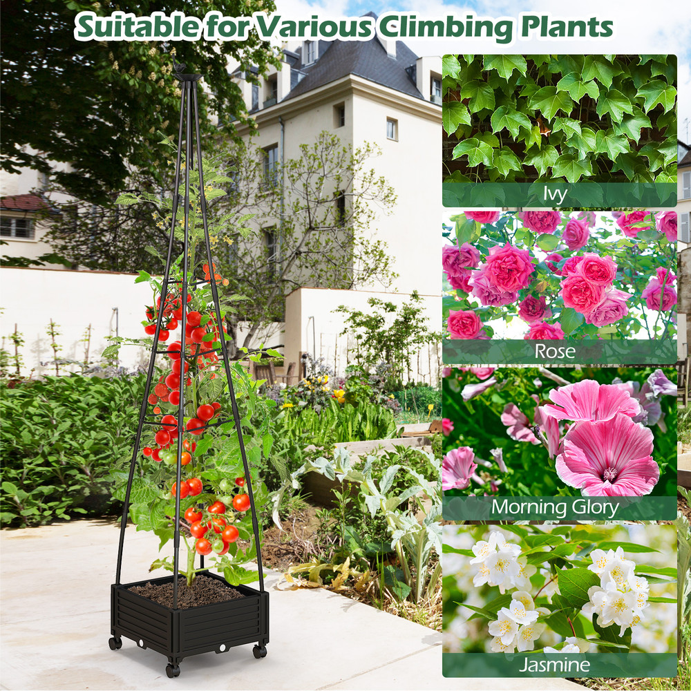 Raised Garden Obelisk Trellis Planter with Drainage & Wheels, Vertical Tower for Climbing Plants, Vines and Garden Decor