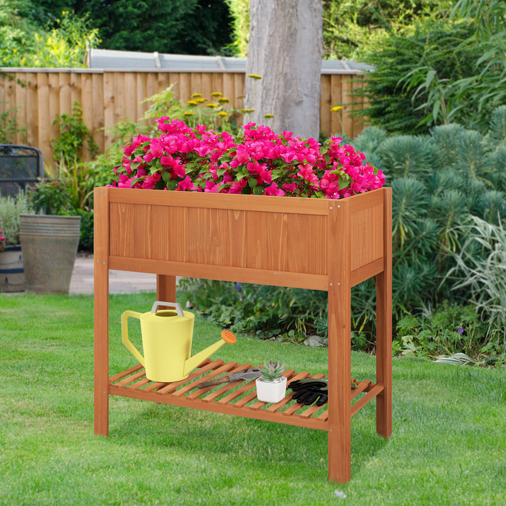 Elevated Fir Wood Planter Box with Bottom Storage Shelf, Outdoor Raised Garden Bed with Liner for Vegetables, Flowers