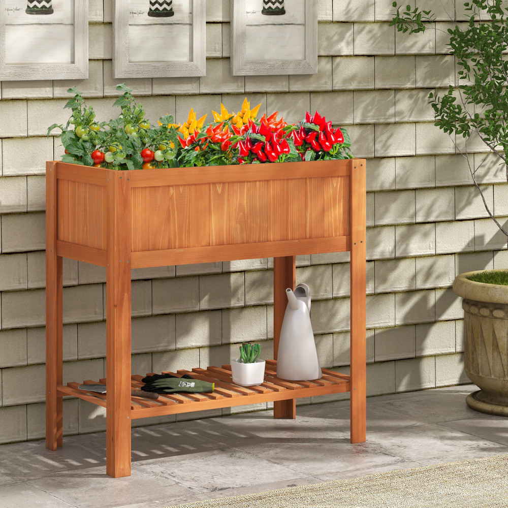 Elevated Fir Wood Planter Box with Bottom Storage Shelf, Outdoor Raised Garden Bed with Liner for Vegetables, Flowers