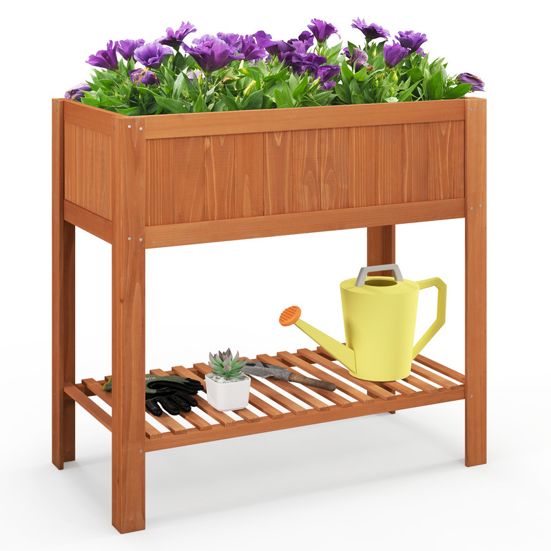 Elevated Fir Wood Planter Box with Bottom Storage Shelf, Outdoor Raised Garden Bed with Liner for Vegetables, Flowers