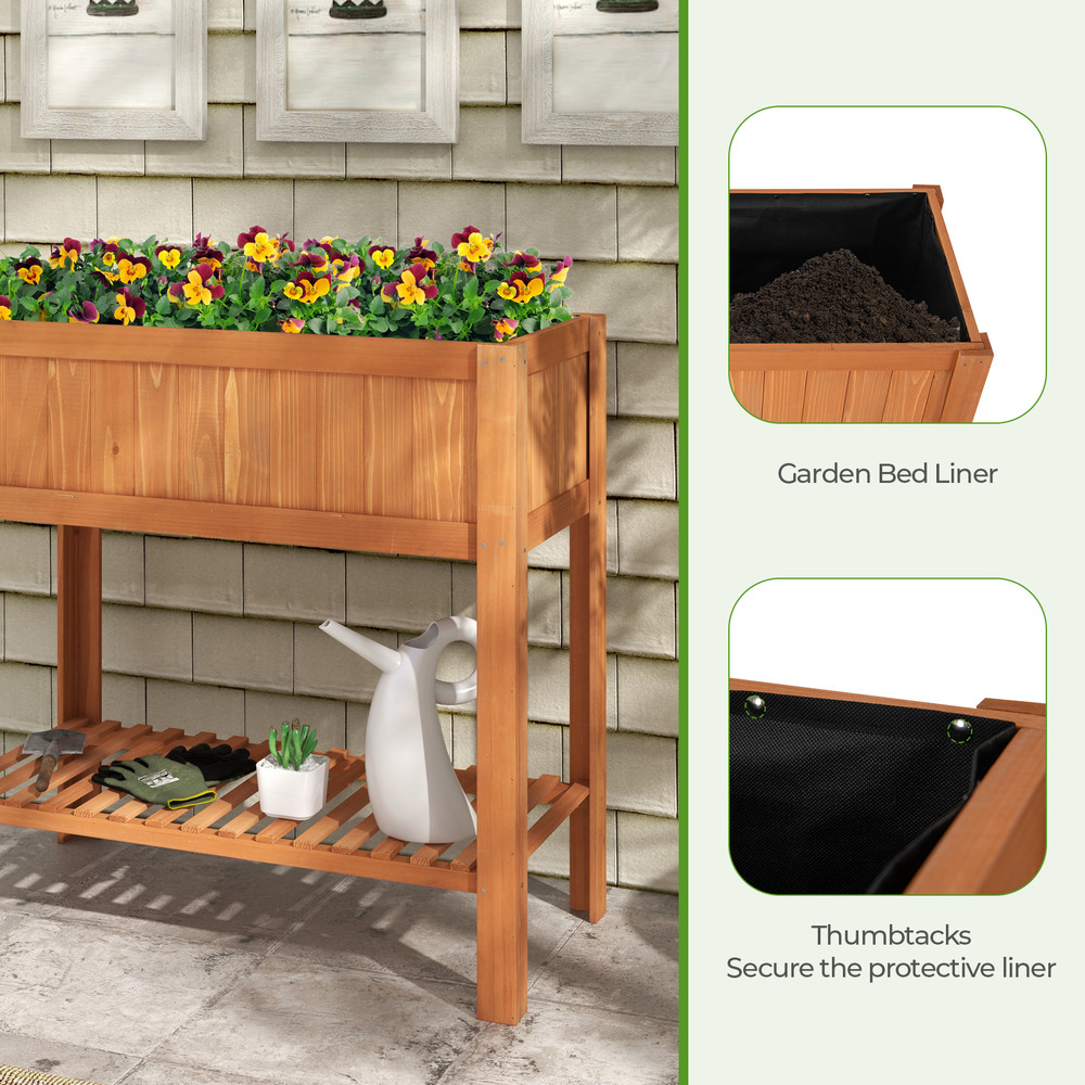 Elevated Fir Wood Planter Box with Bottom Storage Shelf, Outdoor Raised Garden Bed with Liner for Vegetables, Flowers