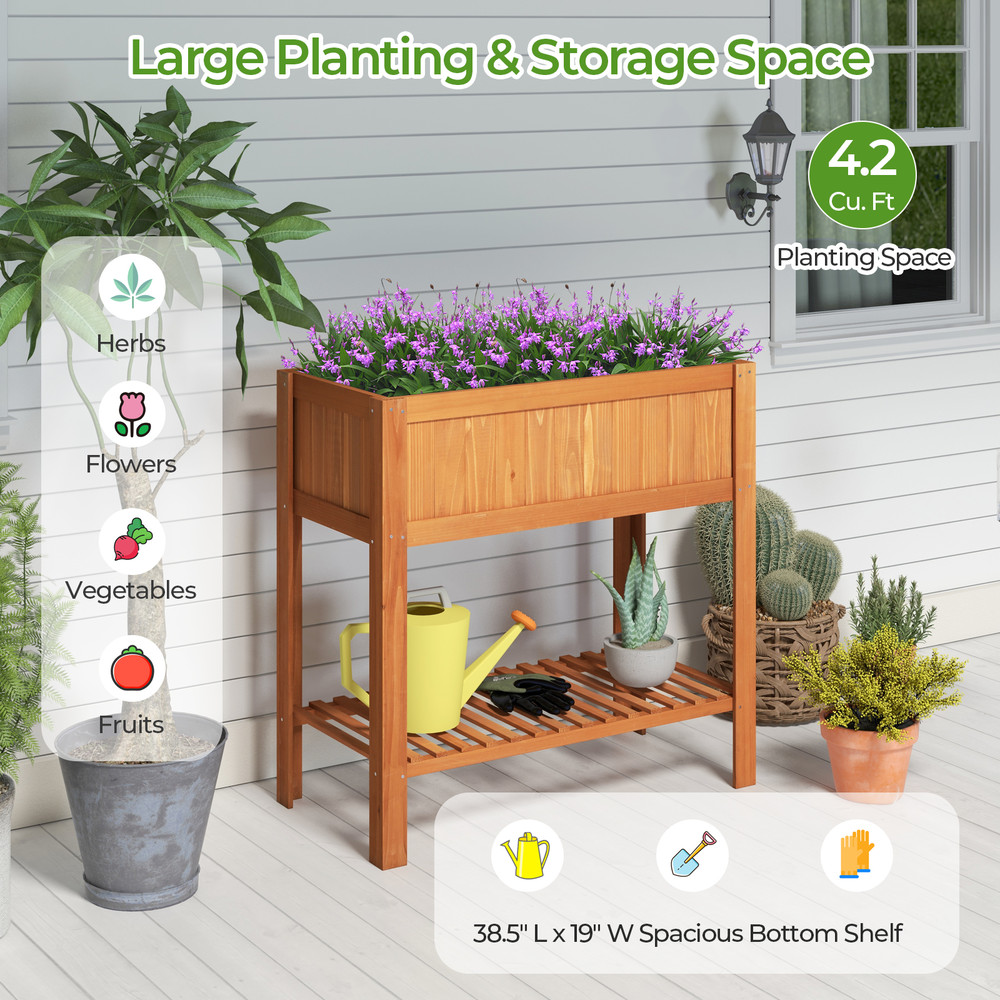 Elevated Fir Wood Planter Box with Bottom Storage Shelf, Outdoor Raised Garden Bed with Liner for Vegetables, Flowers