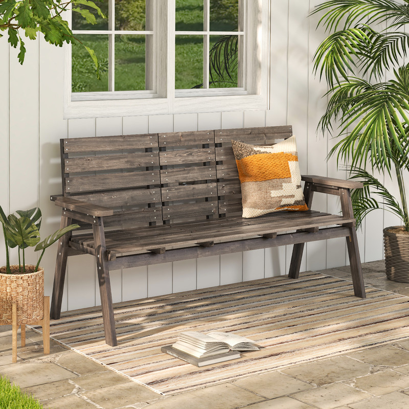 Outdoor Fir Wood Bench With Foldable Middle Table Rustic Patio Garden Seating For 23 0