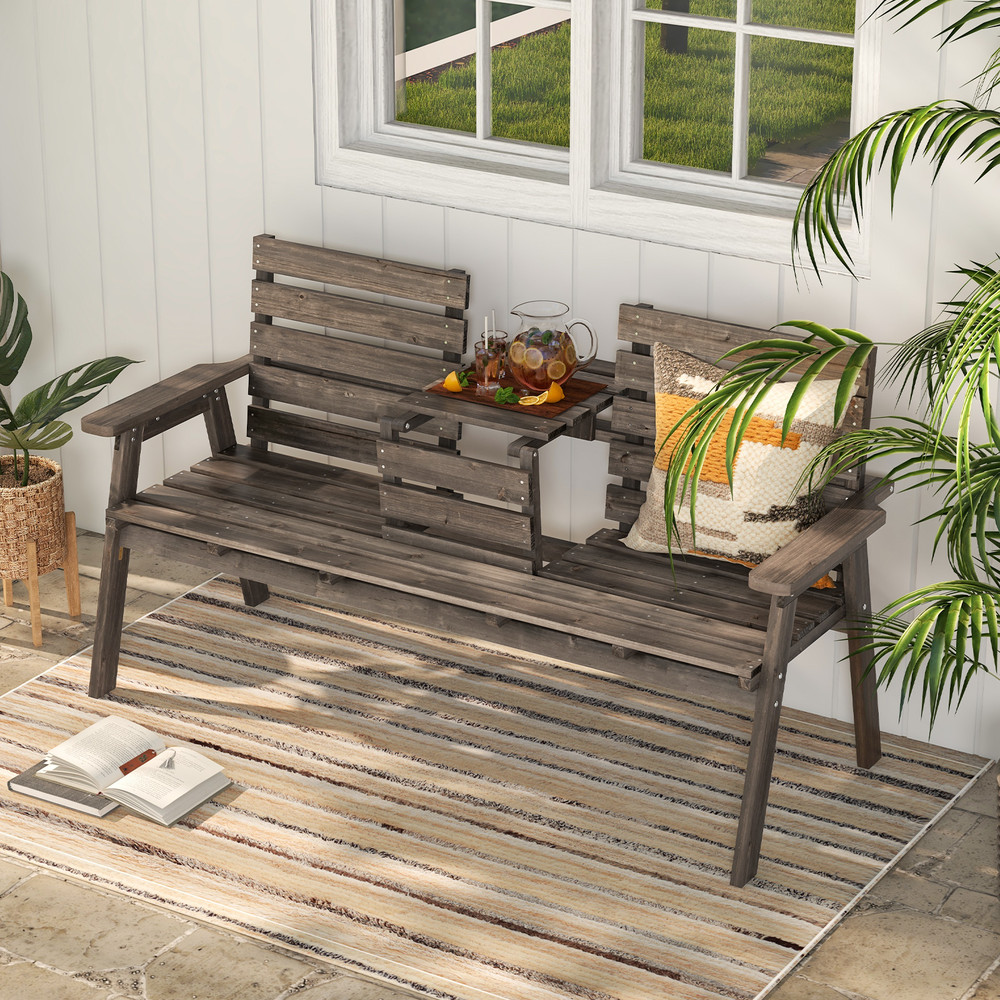 Outdoor Fir Wood Bench With Foldable Middle Table Rustic Patio Garden Seating For 23 1