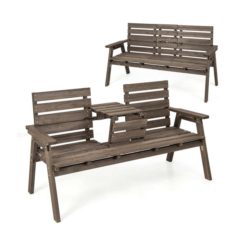 Outdoor Fir Wood Bench With Foldable Middle Table Rustic Patio Garden Seating For 23 5