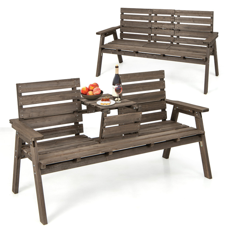 Outdoor Fir Wood Bench With Foldable Middle Table Rustic Patio Garden Seating For 23 6