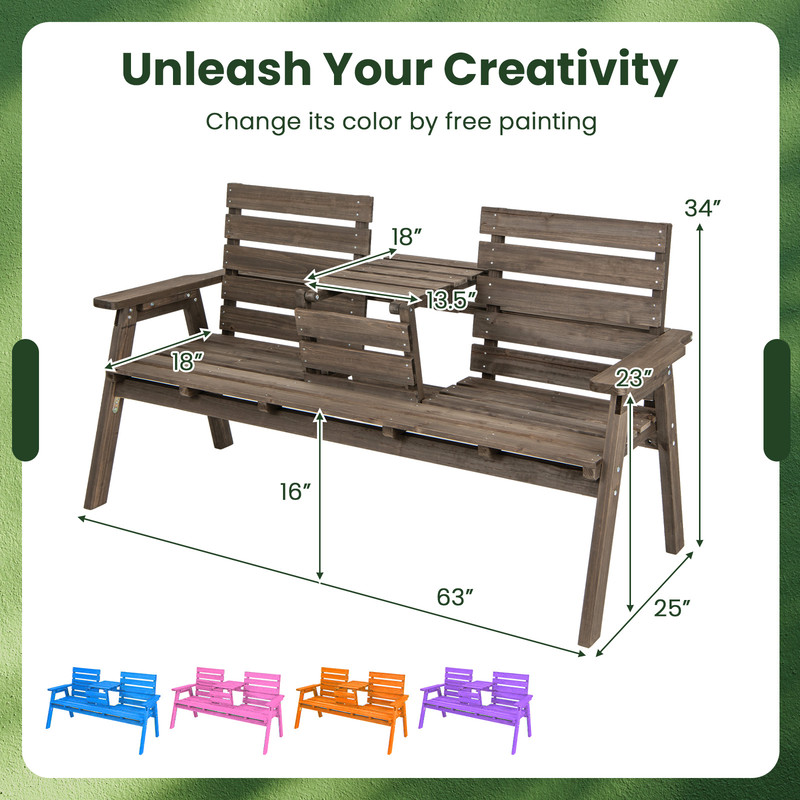 Outdoor Fir Wood Bench With Foldable Middle Table Rustic Patio Garden Seating For 23 7