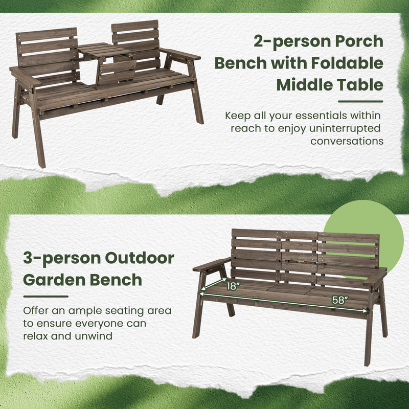 Outdoor Fir Wood Bench With Foldable Middle Table Rustic Patio Garden Seating For 23 4