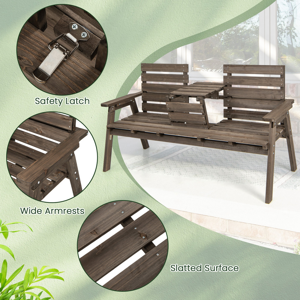 Outdoor Fir Wood Bench With Foldable Middle Table Rustic Patio Garden Seating For 23 2