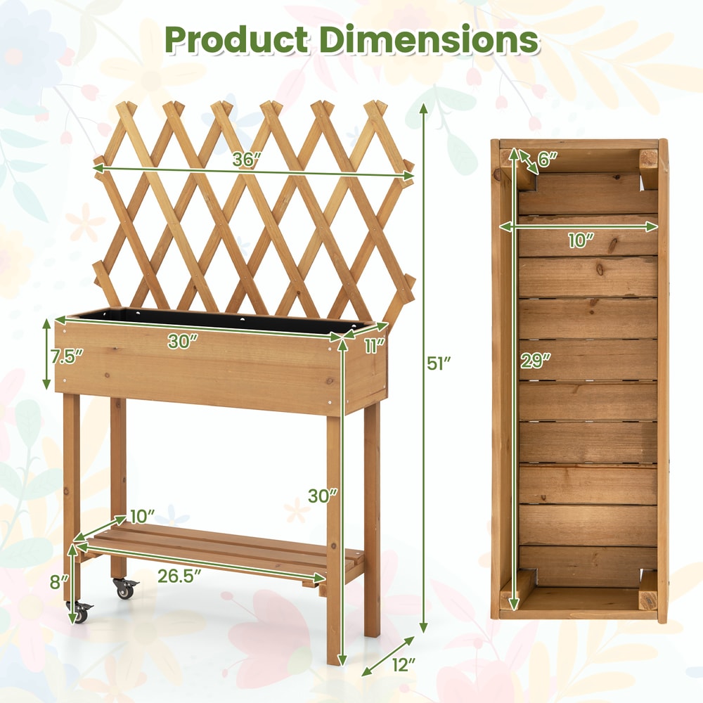 Wooden Rolling Raised Garden Bed With Trellis And Storage Shelf Elevated Fir Wood Planter Box On Lo 6